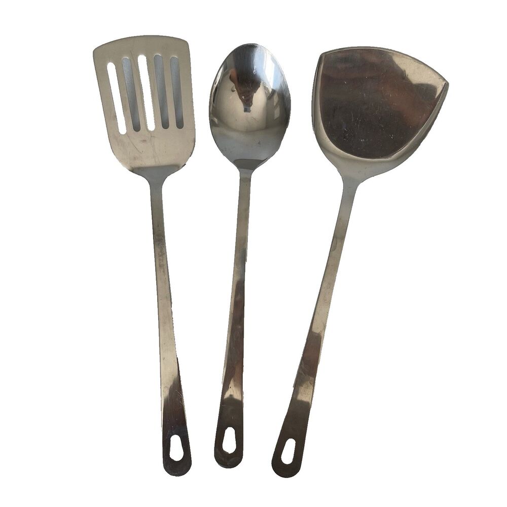 Stainless Steel Kitchen Utensil Lot of 3 Cookwear 13' Spatula, Spoon, Flipper